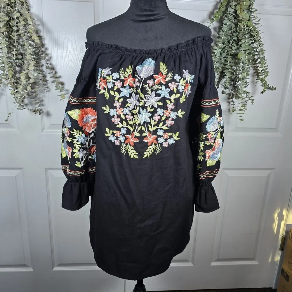 Free People Black Fleur Du Juor Off Shoulder Shift Mini Dress XS Cotton Pockets